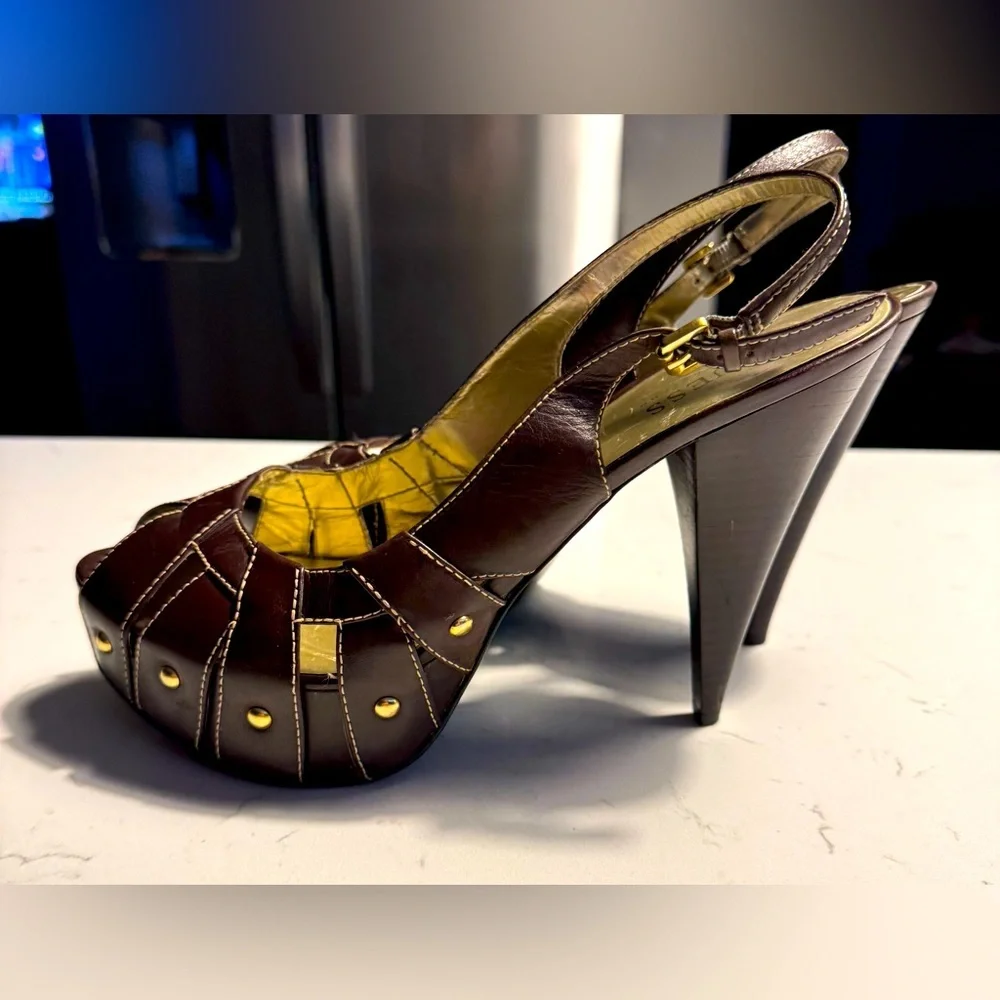Guess by Marciano Brown Leather Peep Toe Slingback Platform Heels Size 8